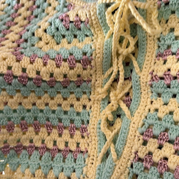 Happy Sheep Striped Boho Crochet Lace-Up Neck Medium Sweater Copper-Yellow-Mint - Picture 7 of 7